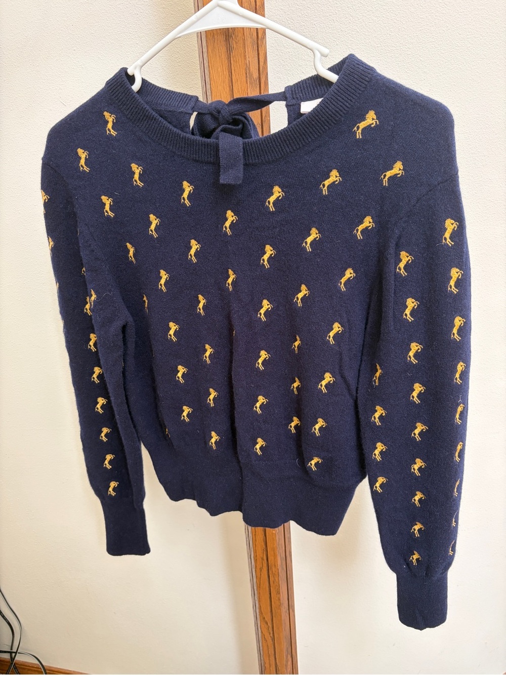 Chloe Navy Sweater with Gold Pony Embroidery and Back Tie